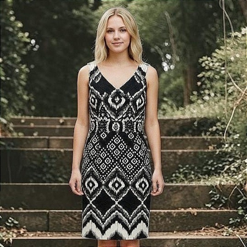 Muse Dress Large 14 Women Black White Ikat Geo Textured Cotton Sheath Shift Boho